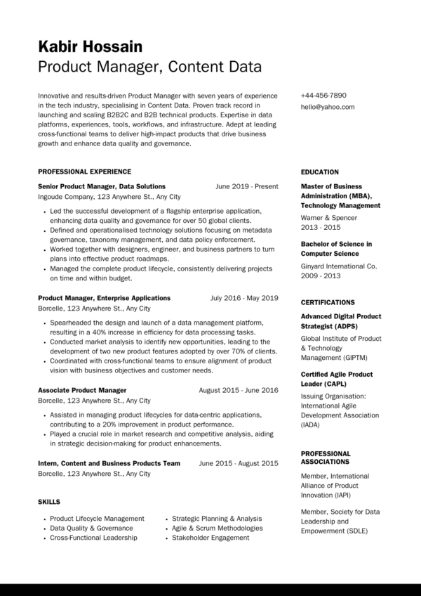 Product Manager CV Template