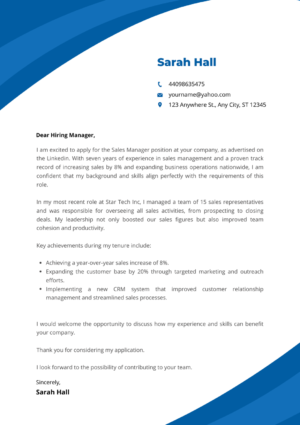 Senior Sales Manager Cover Letter