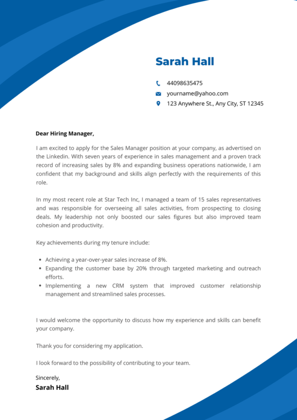 Senior Sales Manager Cover Letter